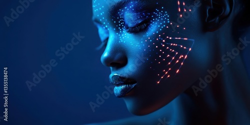 Mystic Beauty: A close-up shot of a person's face is illuminated by electric blue light, intricate digital pattern on skin creating a mysterious and modern aesthetic.