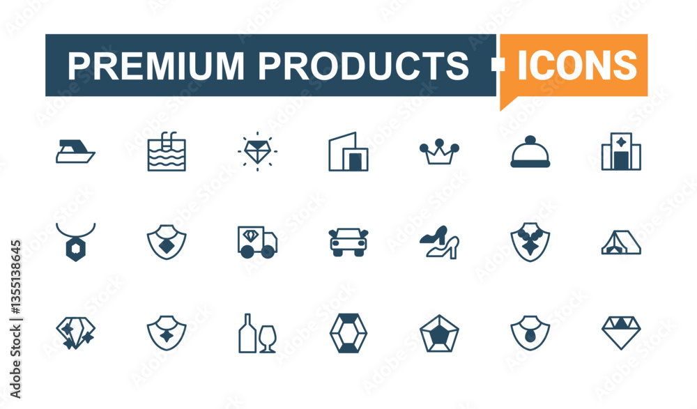 Premium Products line icon. Includes thin line symbols element, goods, luxury, beauty, fashion and more. Luxury Goods simple icon. Modern vector illustration. Editable vector art and illustration. Premium Products line icon. Includes thin line symbols element, goods, luxury, beauty, fashion and more. Luxury Goods simple icon. Modern vector illustration. Editable vector art and illustration.
