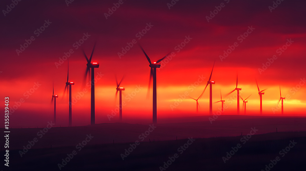 A dramatic wind farm scene with turbines silhouetted against a fiery red sky at dusk, red warning lights flashing on the towers. A dramatic wind farm scene with turbines silhouetted against a fiery red sky at dusk, red warning lights flashing on the towers.