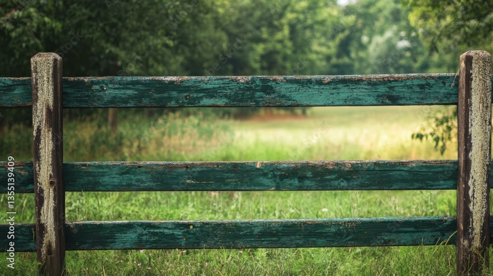 Rustic Wooden Fence with Green Patina in Lush Meadow Landscape Rustic Wooden Fence with Green Patina in Lush Meadow Landscape