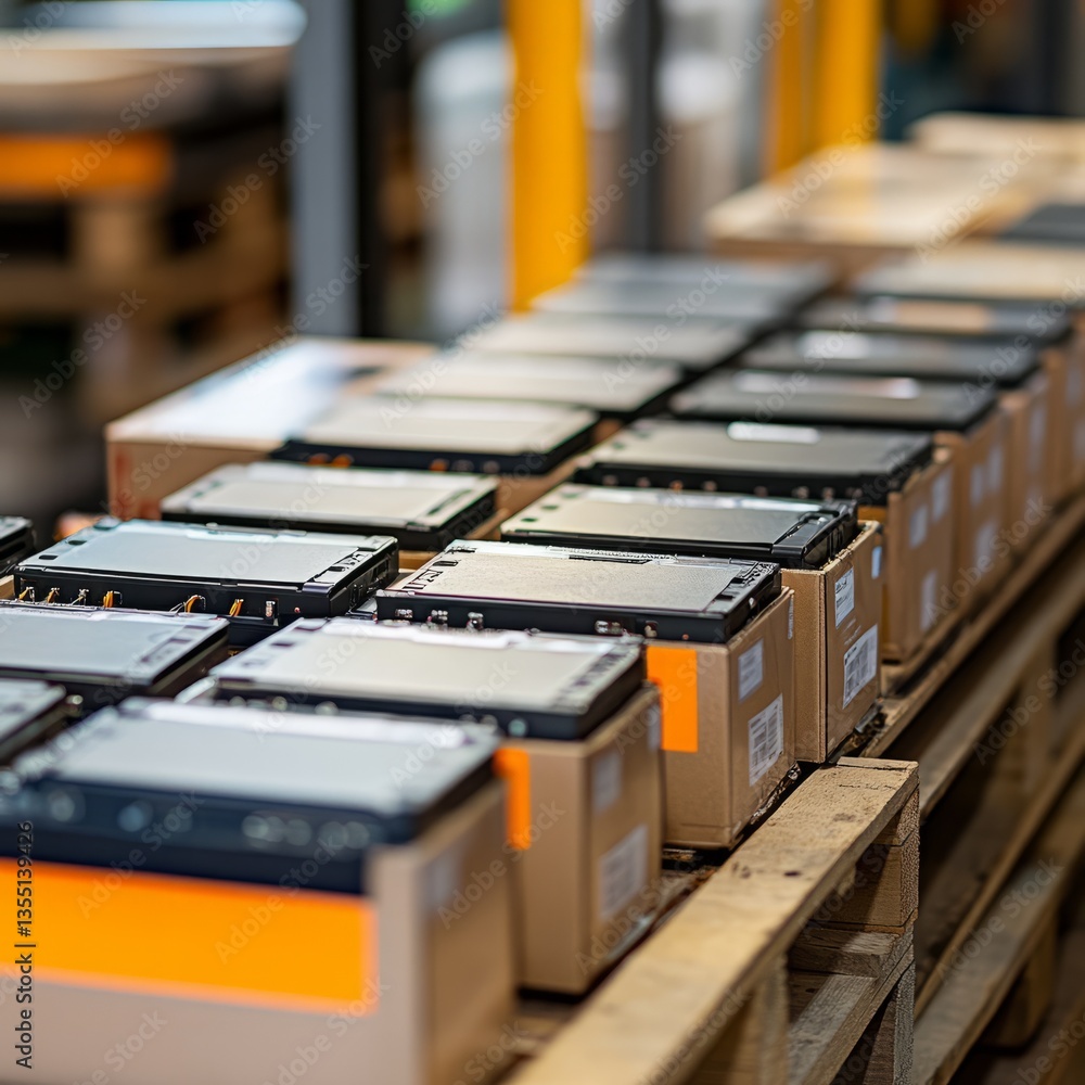 A close-up of a pallet with small electronic devices neatly arranged and secured in place, the items carefully packed for safe transport, organized and secure. A close-up of a pallet with small electronic devices neatly arranged and secured in place, the items carefully packed for safe transport, organized and secure.