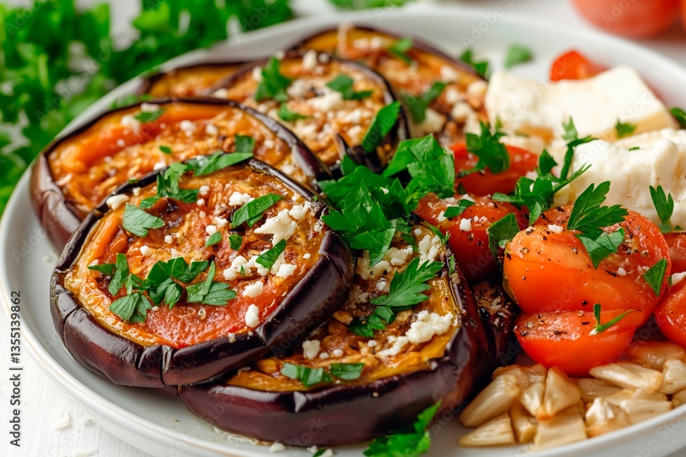 Sliced roasted eggplant topped with tomato slices and crumbled feta cheese. The dish is garnished with fresh parsley, creating a flavorful and healthy meal Sliced roasted eggplant topped with tomato slices and crumbled feta cheese. The dish is garnished with fresh parsley, creating a flavorful and healthy meal