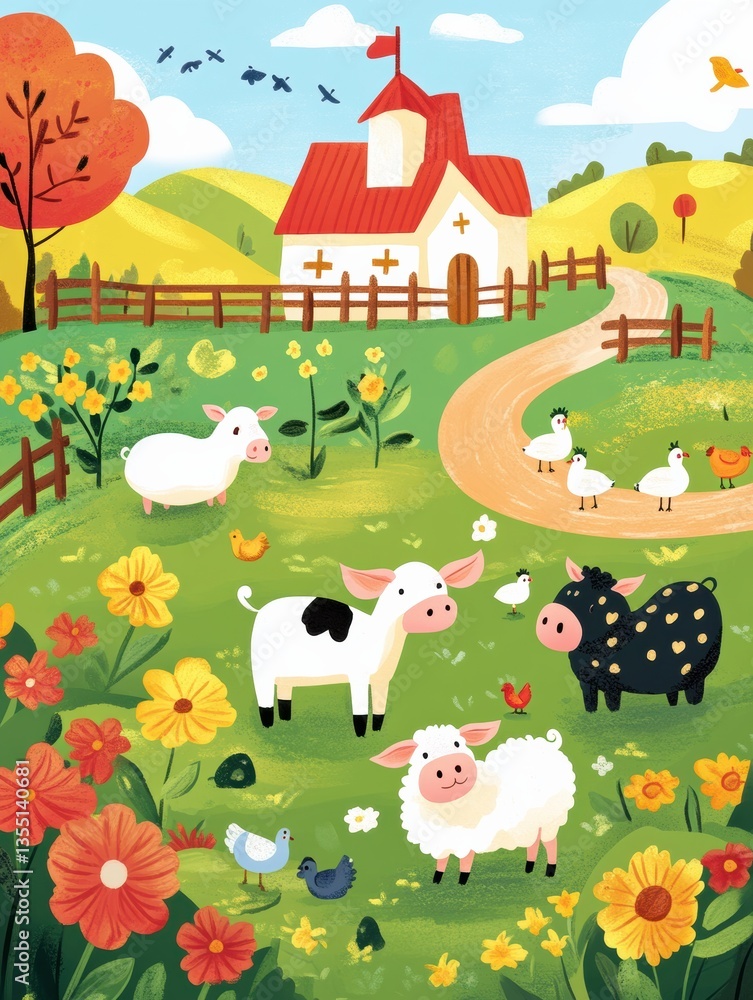 Naklejka premium Charming cartoon farm with cows, pigs, chickens, and sheep amidst bright flowers and rolling hills in a playful, inviting style