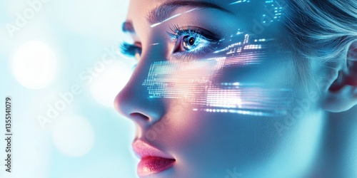 Vision of Tomorrow: A close-up portrait of a woman with futuristic tech enhancements overlaying her eyes, illustrating innovation and vision. The image projects a sense of the future and technology.