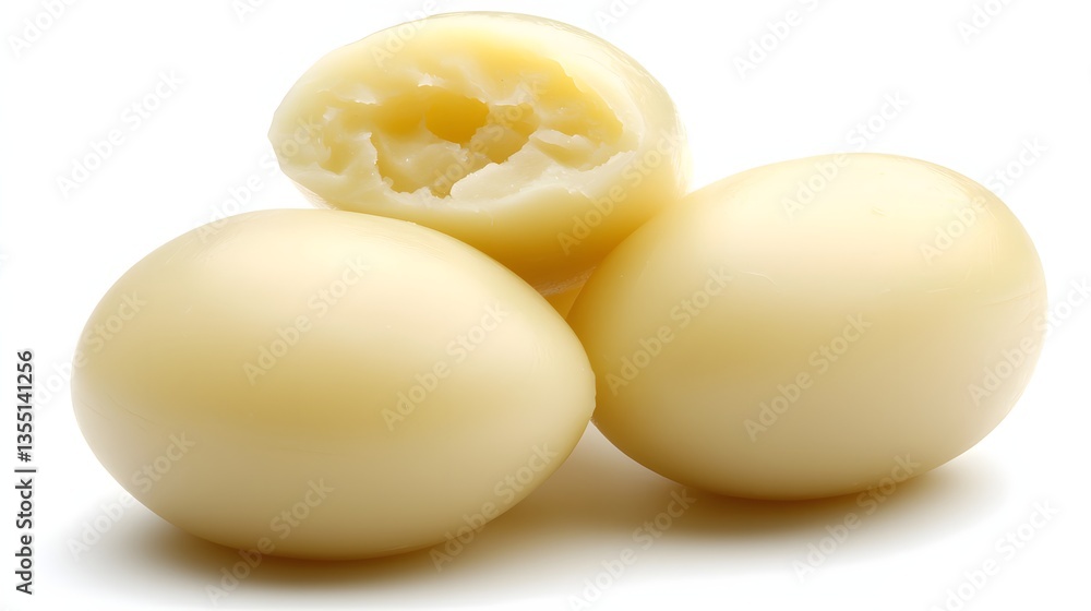 Three Smooth, White Eggs on Isolated Background with One Egg Cut in Half Showing Texture Inside Three Smooth, White Eggs on Isolated Background with One Egg Cut in Half Showing Texture Inside