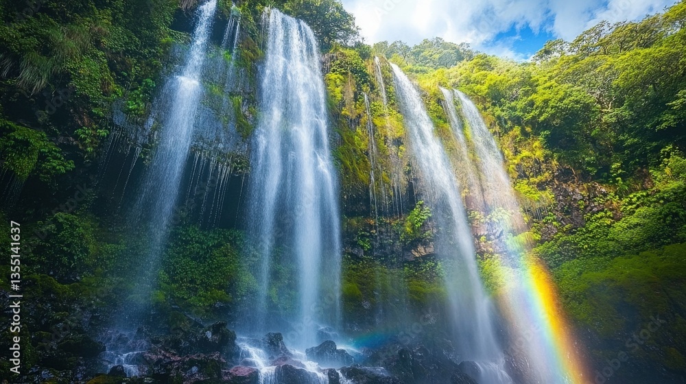 Fototapeta premium A beautiful cascading waterfall features a colorful visible rainbow arch