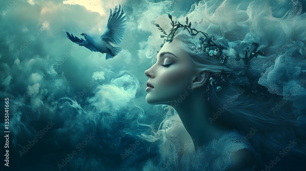 Fototapeta premium Celestial Beauty: A serene maiden, crowned with ethereal adornments, is surrounded by swirling clouds, a dove taking flight symbolizes peace and freedom.