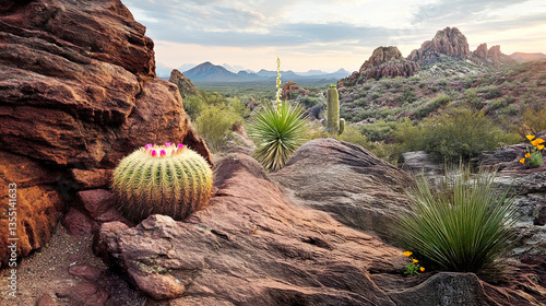 Sonoran desert landscape.  Yucca Tree, Saguaro and Barrel Cactus, desert flowers
