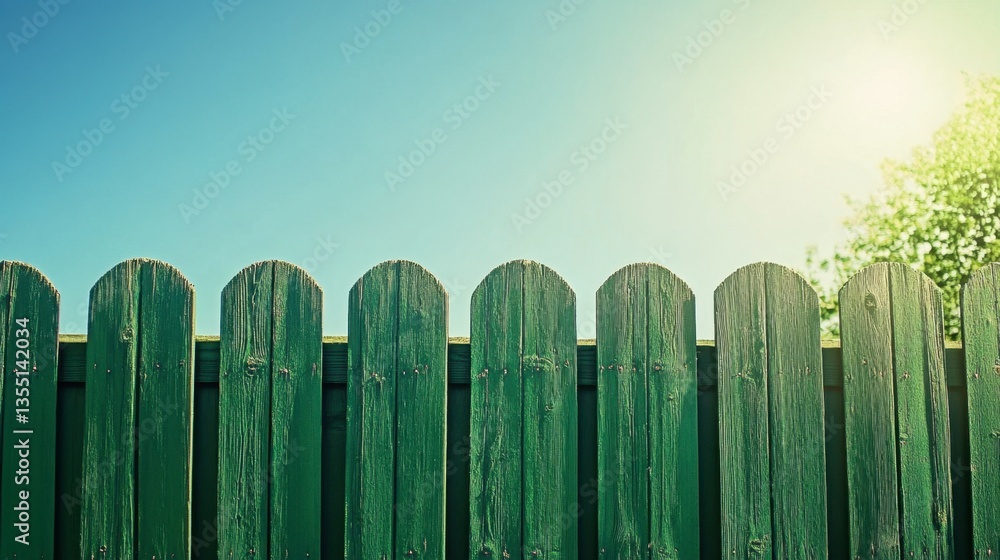 Fototapeta premium Green Wooden Fence with Clear Sky and Sunlight in Background