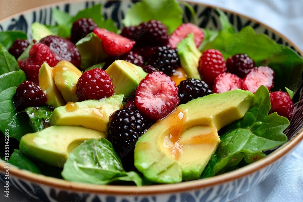 Bright and colorful salad features slices of creamy avocado, juicy raspberries, and blackberries mixed with fresh greens drizzled with honey dressing. Perfect for a light lunch Bright and colorful salad features slices of creamy avocado, juicy raspberries, and blackberries mixed with fresh greens drizzled with honey dressing. Perfect for a light lunch