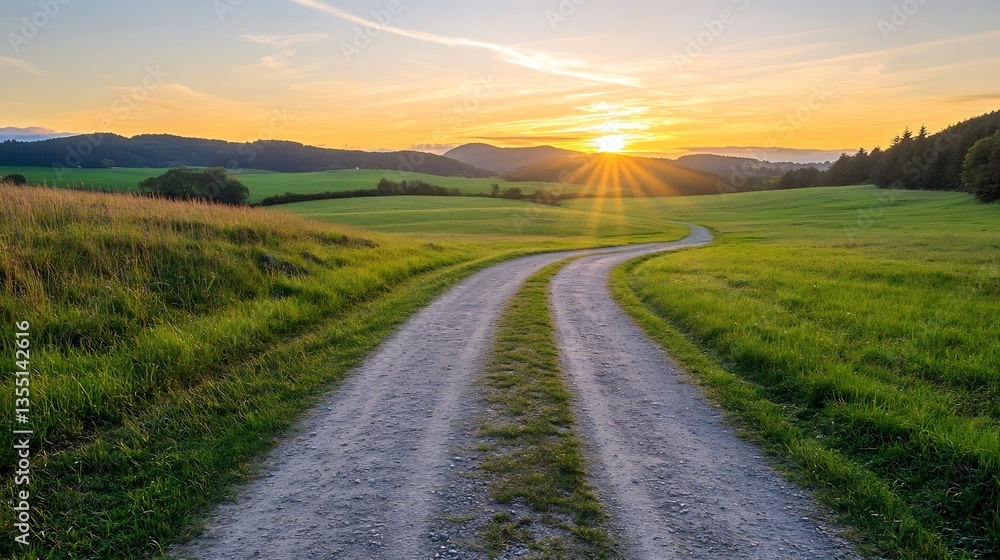 Scenic countryside road winding through lush green fields during a stunning sunset : Generative AI Scenic countryside road winding through lush green fields during a stunning sunset : Generative AI