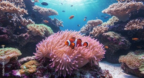 Wallpaper Mural Vibrant Coral Reef Scene - Colorful clownfish swim amidst a lush coral reef teeming with marine life. A breathtaking underwater scene Torontodigital.ca