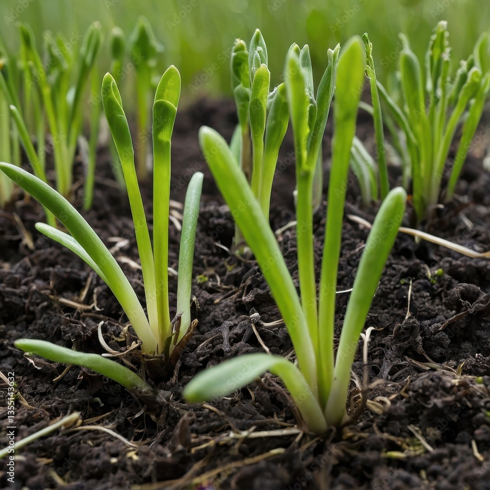 Fototapeta premium Young green shoots from the ground, spring plants, young shoots, plants, grass