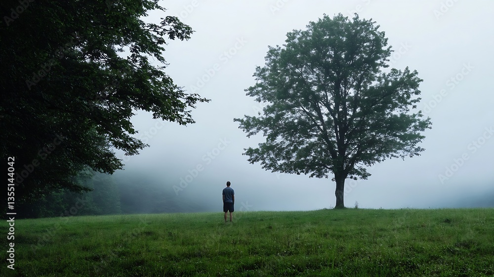 Lonely figure standing in a foggy field under a solitary tree evoking feelings of solitude : Generative AI Lonely figure standing in a foggy field under a solitary tree evoking feelings of solitude : Generative AI