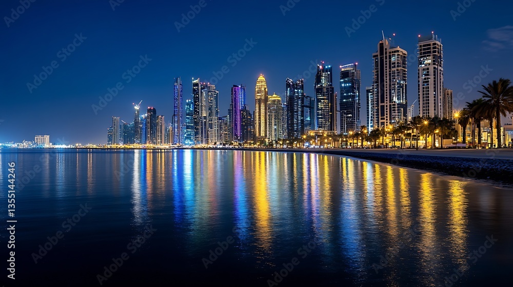 Obraz premium Vibrant city skyline at night with dazzling lights reflecting on calm water creating a stunning urban scene : Generative AI