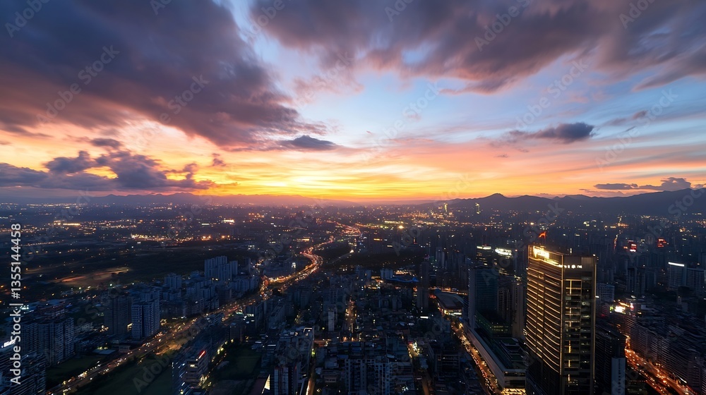 An aweinspiring panoramic view of a city skyline at sunset with vibrant colors illuminating the urban landscape : Generative AI An aweinspiring panoramic view of a city skyline at sunset with vibrant colors illuminating the urban landscape : Generative AI
