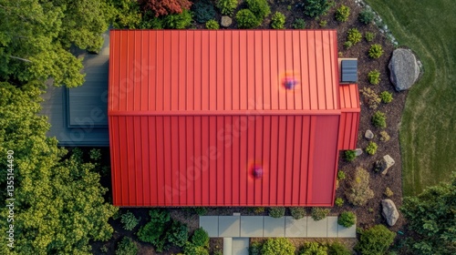 Aerial View of Stylish Red Metal Roof Surrounded by Greenery