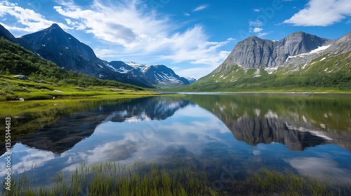 Breathtaking mountain landscape with a clear lake reflecting the peaks and lush green valley : Generative AI