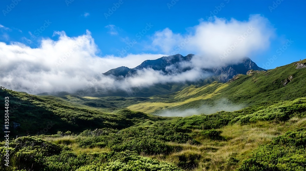 Fototapeta premium Stunning landscape view showcasing rolling hills and a majestic mountain range under a bright sky : Generative AI