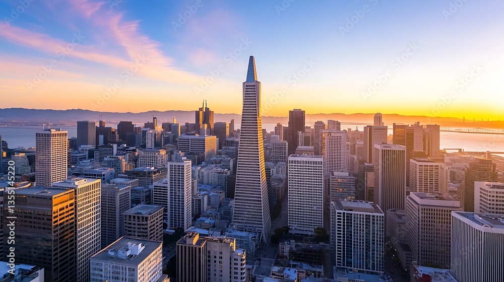 Fototapeta premium Breathtaking Aerial View of San Francisco Skyline during a Colorful Sunset over the Bay : Generative AI