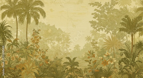 Fototapeta Naklejka Na Ścianę i Meble -  Vintage Jungle Landscape Wallpaper - Lush vintage jungle scene, evoking tranquility, exoticism, faded elegance, natural beauty, and timeless appeal