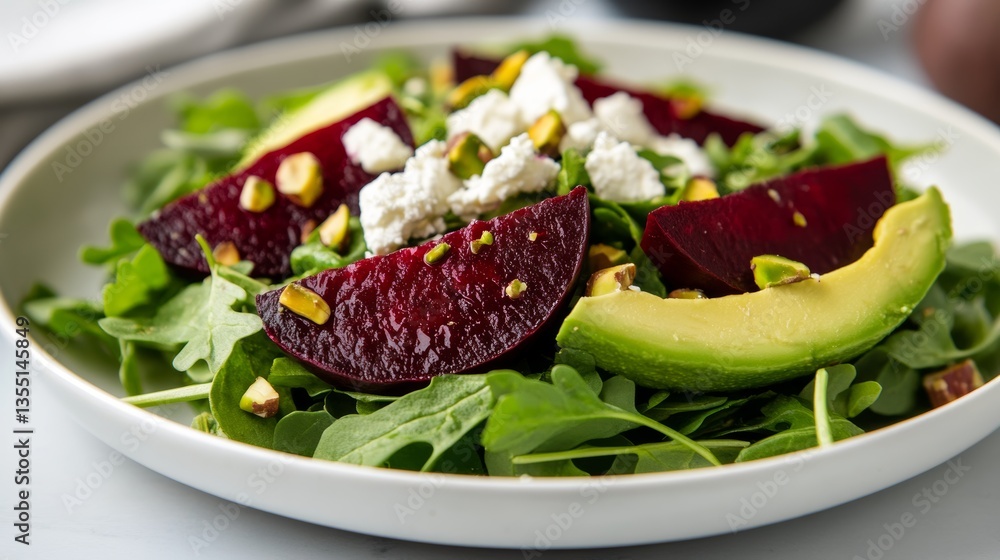 Roasted beet salad with avocado, arugula, goat cheese, and pistachios for a delightful earthy flavor combination Roasted beet salad with avocado, arugula, goat cheese, and pistachios for a delightful earthy flavor combination