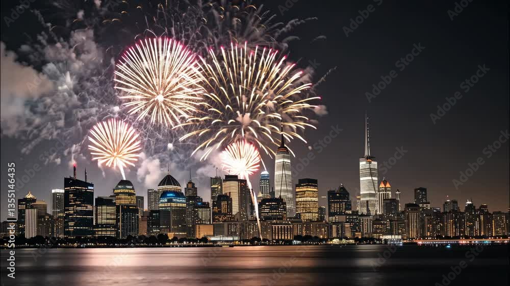 Spectacular fireworks display over a modern city skyline celebrating a grand event. Spectacular fireworks display over a modern city skyline celebrating a grand event.