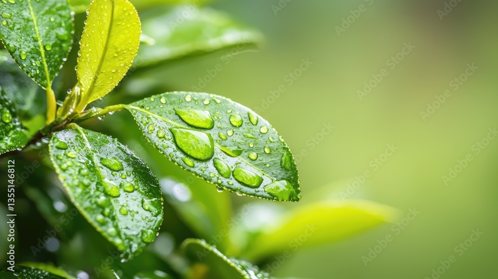 Fototapeta premium Dewy green leaves, close-up, garden, nature backdrop, eco