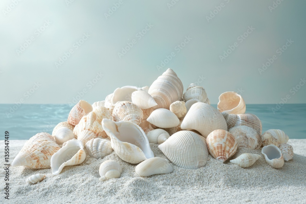 Fototapeta premium A pile of various seashells rests on a sandy beach against a tranquil ocean backdrop.