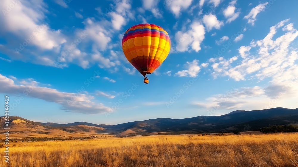 Naklejka premium Colorful hot air balloon floating in the clear blue sky over golden fields landscape creating a vibrant scene : Generative AI