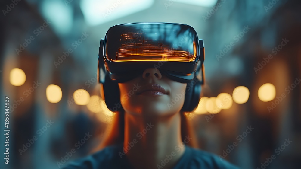 Woman VR headset city exploring future tech Woman VR headset city exploring future tech