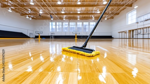 Cleaning Equipment on Glossy Basketball Court in Sport Facility with Bright Lights and Empty Seating Area