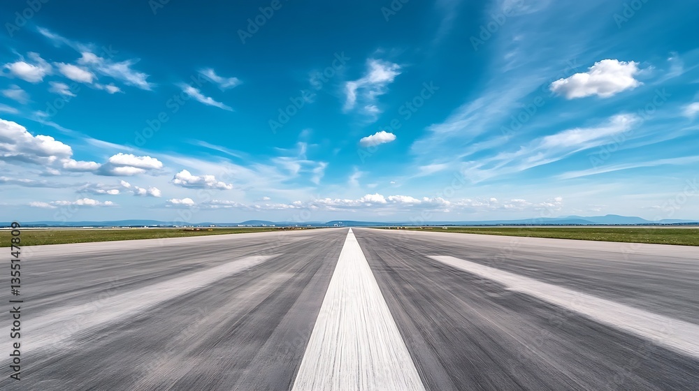 A picturesque view of a wide open runway under a blue sky with fluffy white clouds : Generative AI A picturesque view of a wide open runway under a blue sky with fluffy white clouds : Generative AI