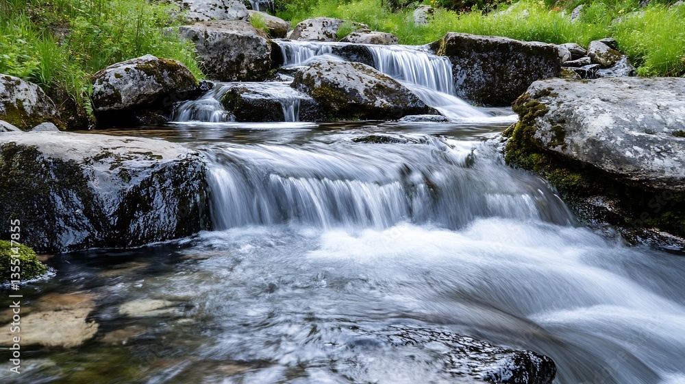 Tranquil creek cascading over rocks creating a serene atmosphere in nature's embrace : Generative AI Tranquil creek cascading over rocks creating a serene atmosphere in nature's embrace : Generative AI