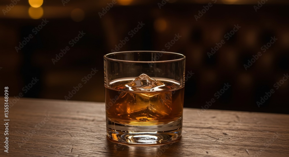 Whiskey on the Rocks in a Rocks Glass - A single rocks glass of amber whiskey with ice sits on a dark wood bar top. Warm lighting in the background Whiskey on the Rocks in a Rocks Glass - A single rocks glass of amber whiskey with ice sits on a dark wood bar top. Warm lighting in the background