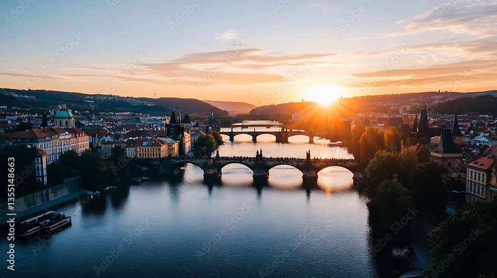 Naklejka premium Stunning twilight view of famous bridges lit up over the river with sunset colors : Generative AI