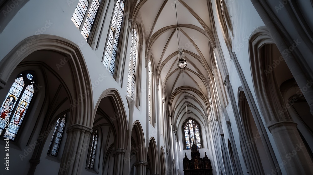 Fototapeta premium Gothic Church Interior with Majestic Arched Ceilings and Beautiful Stained Glass Windows : Generative AI