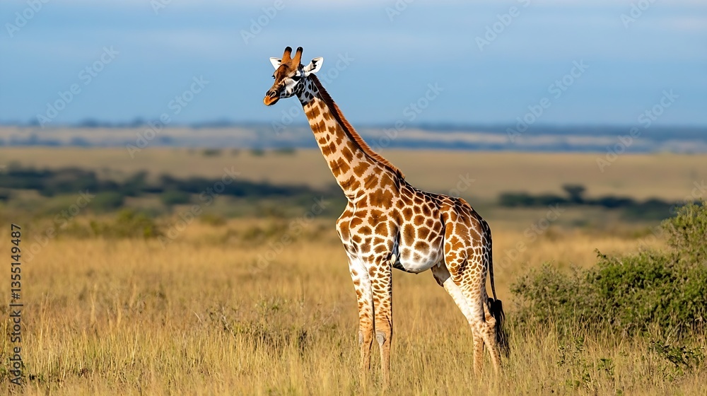Fototapeta premium Majestic giraffe standing gracefully in a serene landscape under a clear blue sky : Generative AI