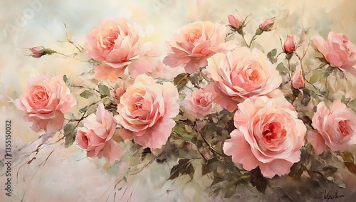 A beautiful watercolor painting of soft pink roses in full bloom, surrounded by delicate green leaves, creating a serene and elegant floral arrangement