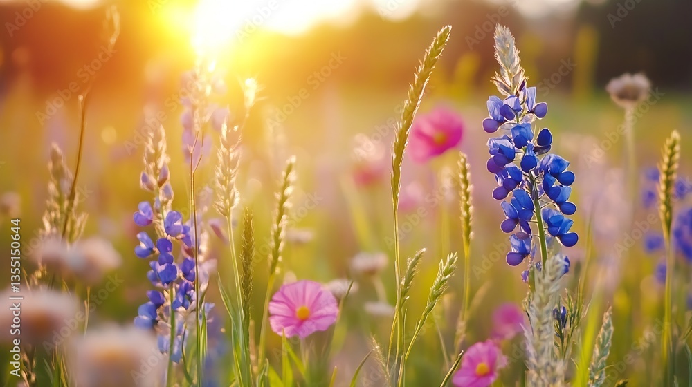 Naklejka premium Beautiful Wildflowers Blooming Under Sunlight in Vibrant Colorful Field : Generative AI