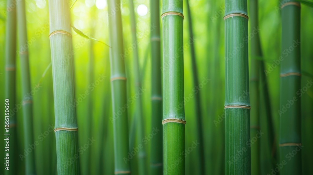 Fototapeta premium Zen productivity focus and meditation, Lush green bamboo stalks create a serene natural backdrop, symbolizing growth and tranquility in a vibrant, sunlit environment.