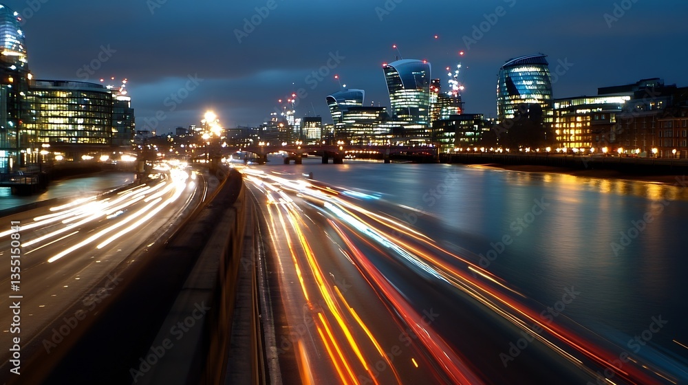 Obraz premium Vibrant Night Skyline with Colorful Light Trails from Cars on Glimmering Riverbank : Generative AI