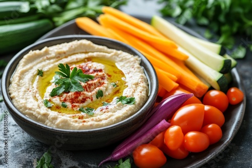 Creamy hummus topped with olive oil, paprika, and parsley served with fresh vegetables like carrots, zucchini, and cherry tomatoes