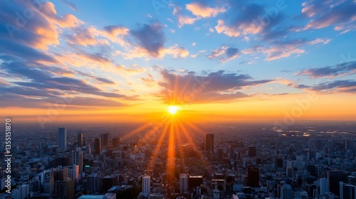 Stunning sunset over a bustling city skyline with vibrant colors and dramatic cloud formations : Generative AI