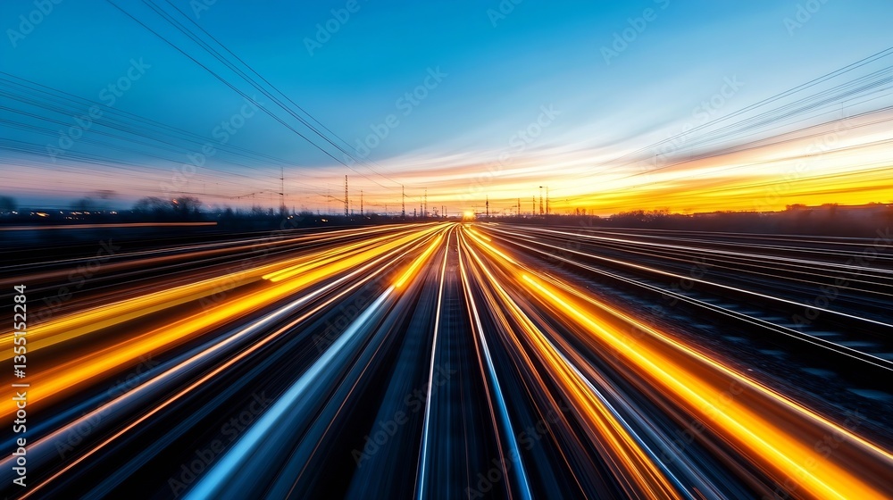 Obraz premium Dramatic Long Exposure Shot of Train Tracks with Blurred Lights Creating Vibrant Nighttime Motion Effect : Generative AI