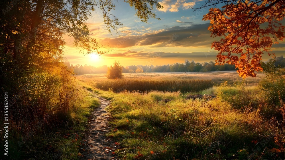 Fototapeta premium Sunrise Hike: A scenic photograph of a hiking path with golden hour hues, leading the viewer's eye through a vibrant field towards the rising sun, evoking a sense of peace and adventure.