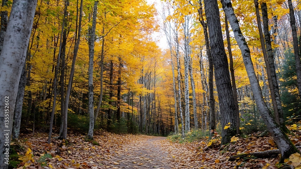 Fototapeta premium Autumn Forest Pathway Surrounded by Vibrant Colorful Leaves and Trees : Generative AI