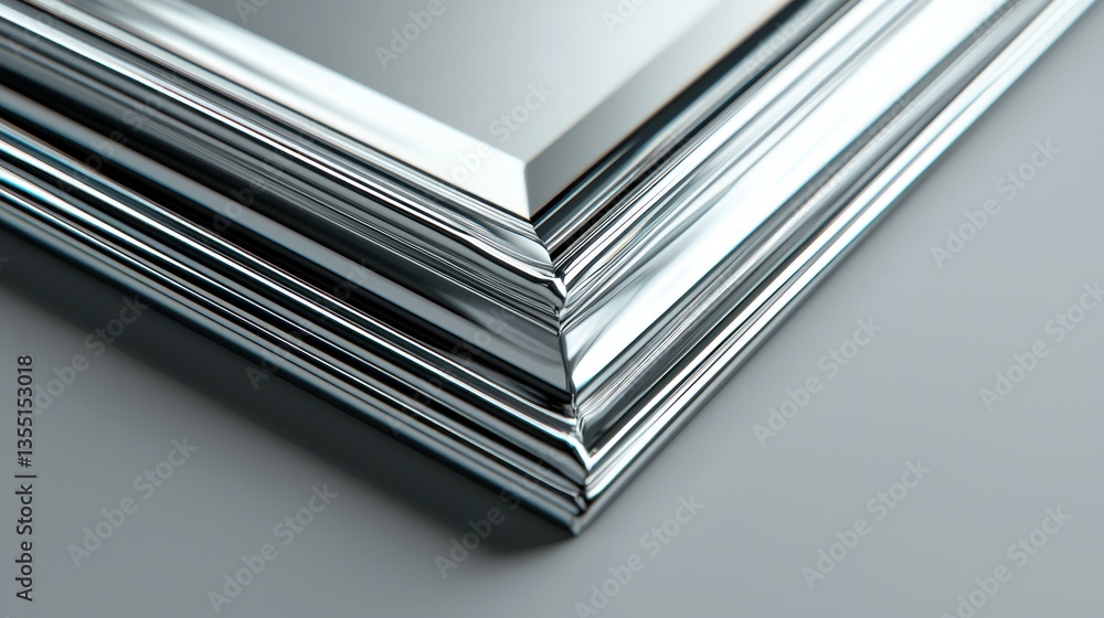 Chrome frame corner detail, studio shot, grey background, design element Chrome frame corner detail, studio shot, grey background, design element