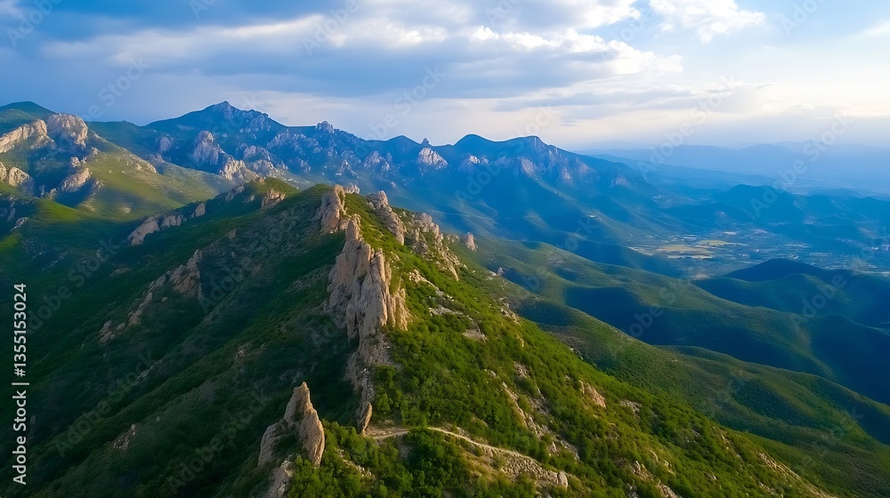 Naklejka premium Breathtaking aerial view of scenic mountains under vibrant sky showcasing natural beauty : Generative AI