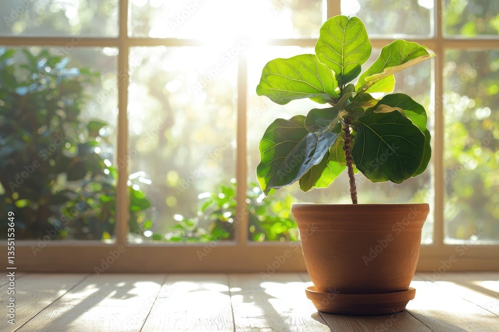 Fototapeta premium A fiddle leaf fig plant in a terracotta pot basks in sunlight by a window.